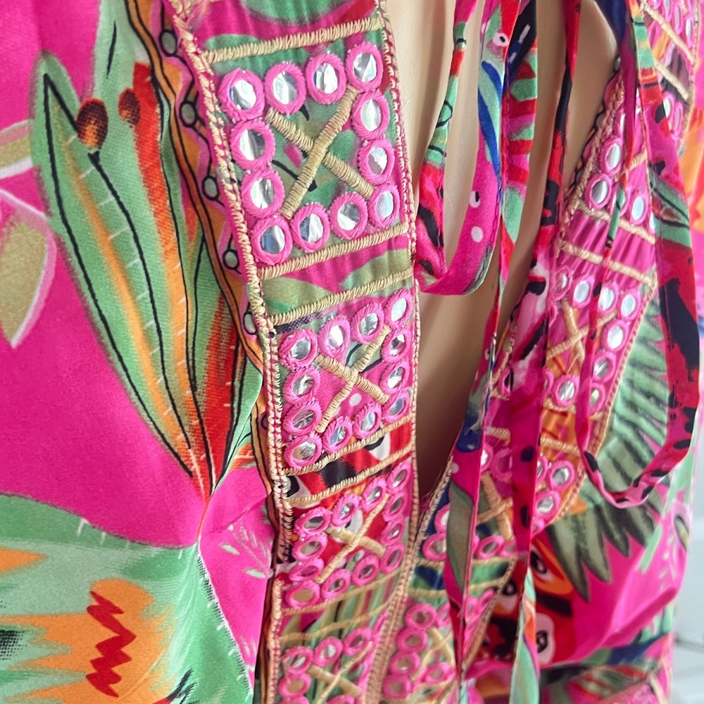 Dress Nado Tropical Bird Mini Dress S Womens Boho Mirror Embroidered Pink Kaftan - Picture 6 of 13